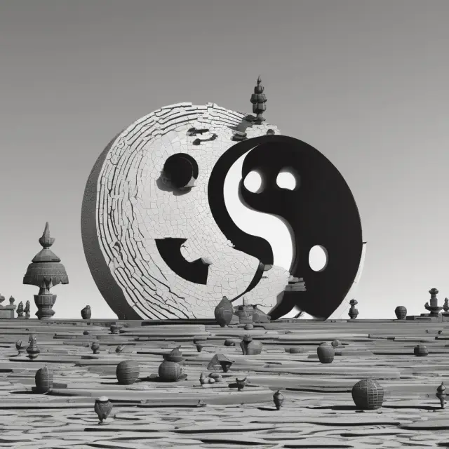 Scales with yin-yang disks representing shareholder value balanced by profits (yang) and losses (yin) from discontinued operations.