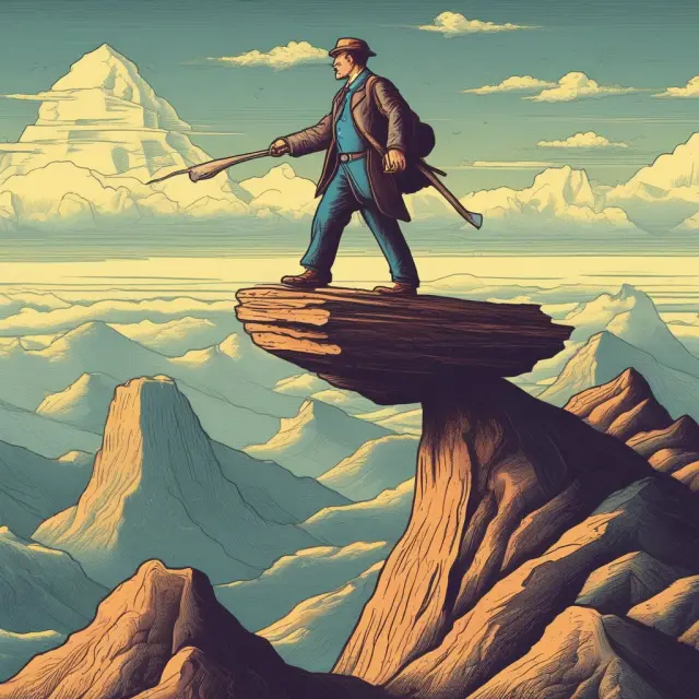 An investor standing atop a mountain range, scaling the peaks represented by bond investments, with a balance scale depicting gains and losses calculated using discount yield.