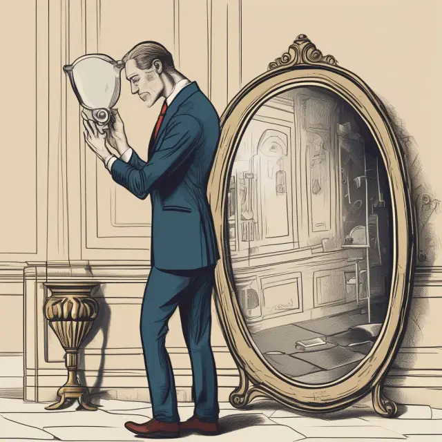 An investor examining bond discounts in a mirror, symbolizing evaluation of potential gains and risks
