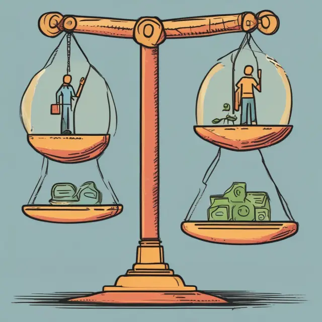 An investor holding a balance scale compares stocks, derivatives, and cash while revealing hidden discounts