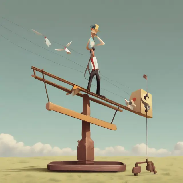 An image of a person balancing on a seesaw labeled