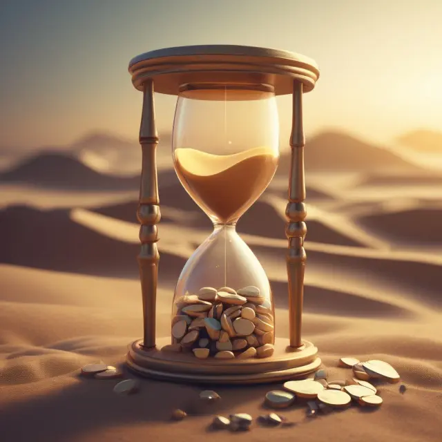 A golden hourglass filled with precious stones, each stone representing future cash inflows. The sands flowing into a single coin symbolizes the calculation of Present Value.