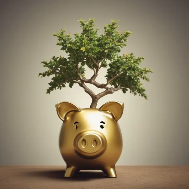 A tree emerges from a golden piggy bank, representing the growth of an investment over time through the discounted payback period