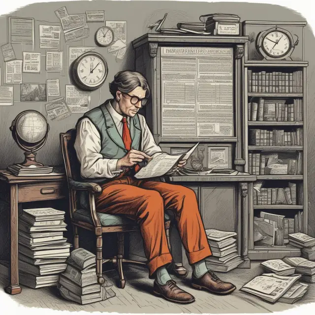 A person traveling through time with a calculator, evaluating bonds, stocks, and projects based on present values