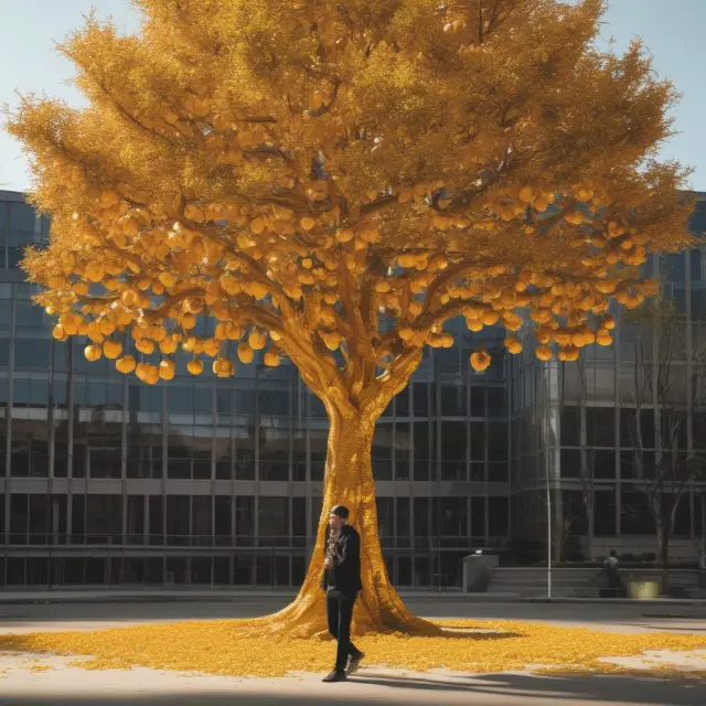 Golden tree bearing fruit (semiannual cash flows) and investor evaluating present value using a discount rate