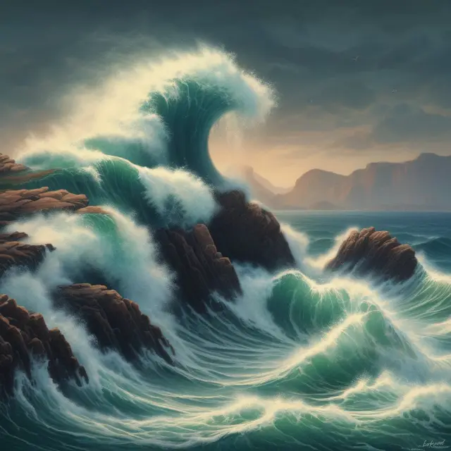 Waves symbolizing risk collide with a cliff of varying discount rates to shape the present value of future cash flows