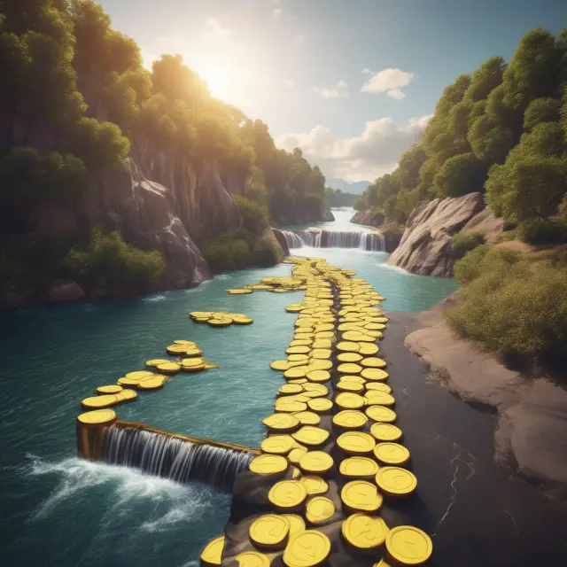 Golden coins on a timeline converge into a waterfall with various discount rates.