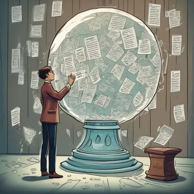 Investor assessing floating rate bond pricing using a crystal ball with coupon streams and the label 