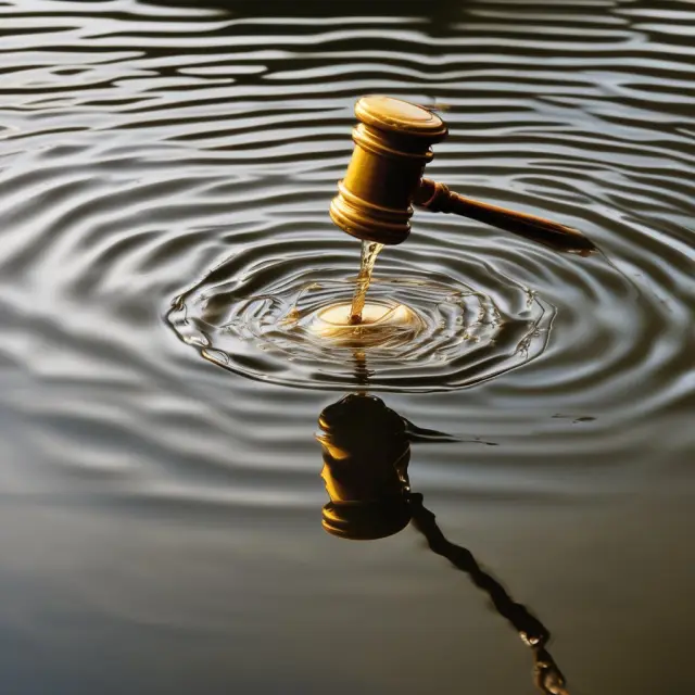An image of a golden gavel being gently dropped into a tranquil pond by the Federal Reserve. The ripples spreading across the water represent the influence of discount rates on banks and investments.