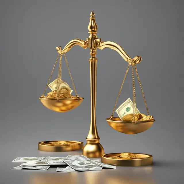 A golden scale balanced by flowing currencies symbolizes the importance of DCF analysis in determining investment value.