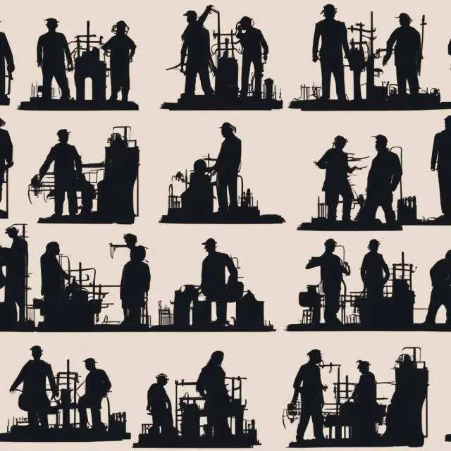 An image depicting silhouetted figures of discouraged workers against a backdrop of industrial machinery, signifying the challenge of adapting to technological advancements in the workforce