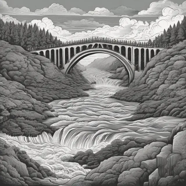 A river of discouraged workers flows towards a bridge symbolizing employment opportunities, against the backdrop of a stormy economic landscape