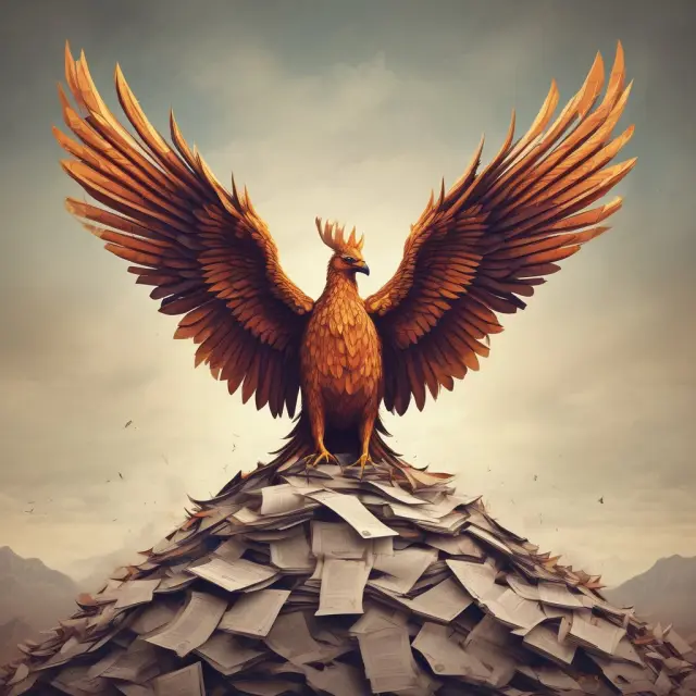 A mythical phoenix arises from a pile of job applications, representing the revival of hope and determination for discouraged workers to rejoin the labor market.
