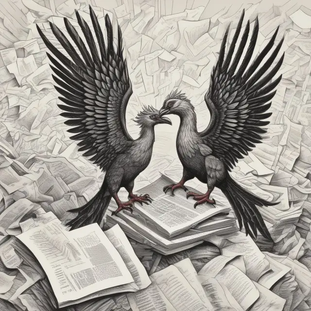 Two mythical birds emerging from a stack of old resumes, representing individuals overcoming career setbacks and returning to work