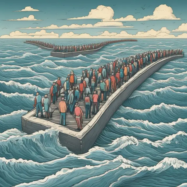 An image of a hidden wave (discouraged workers) merging into an ocean (long-term unemployed), symbolizing the interconnectedness and differences in their experiences.