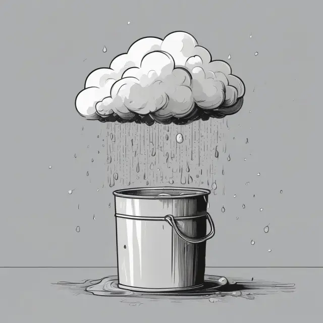 Raincloud shedding Poisson distributed drops in a bucket, representing rare event occurrences