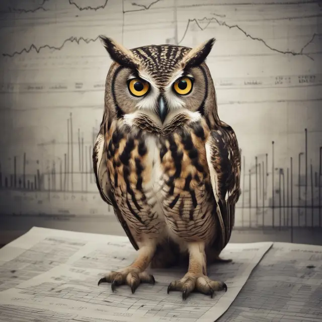 An owl wisely examines stock market charts to guide clients