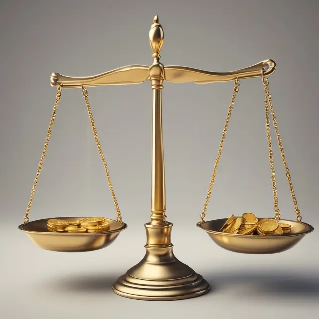 Golden balance scales displaying gold coins and stock symbols, representing minimum account balances and investment fees
