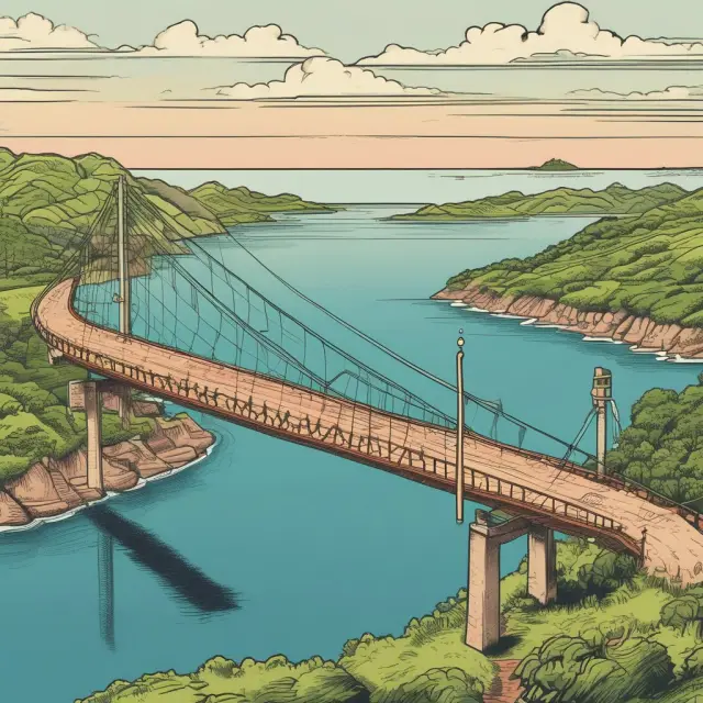 Two islands connected by a bridge, one side labeled
