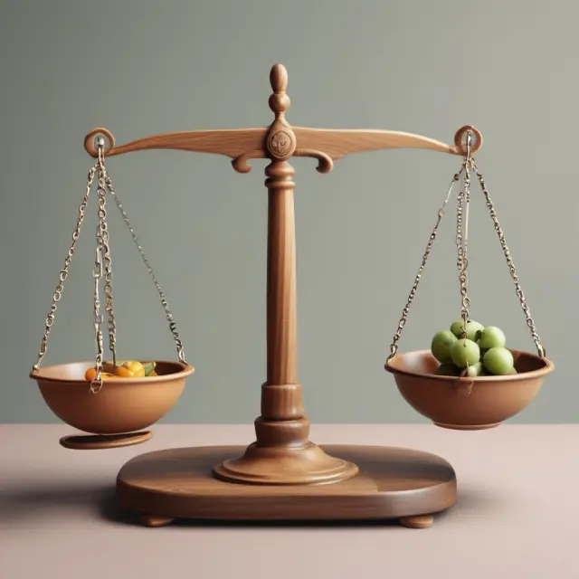 A scale balanced between housing, food, transportation, and clothing (essentials) and luxury items, entertainment, vacations, and nonessential goods/services (discretionary spending).