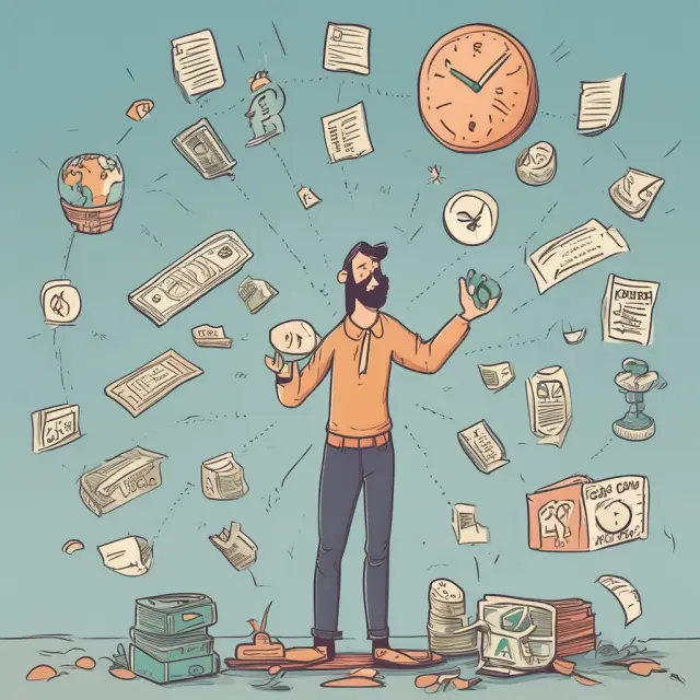 A person juggling various factors like taxes, expenses, income, interest rates, and geography to determine their disposable funds.