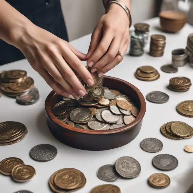 A hand sorting golden coins into jars, representing essential and discretionary expenses.
