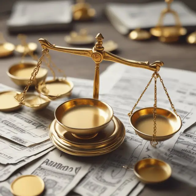 A balance scale with tax deductions, necessities, and disposable income represented as golden coins; discretionary income depicted as a free-flowing stream of gold coins