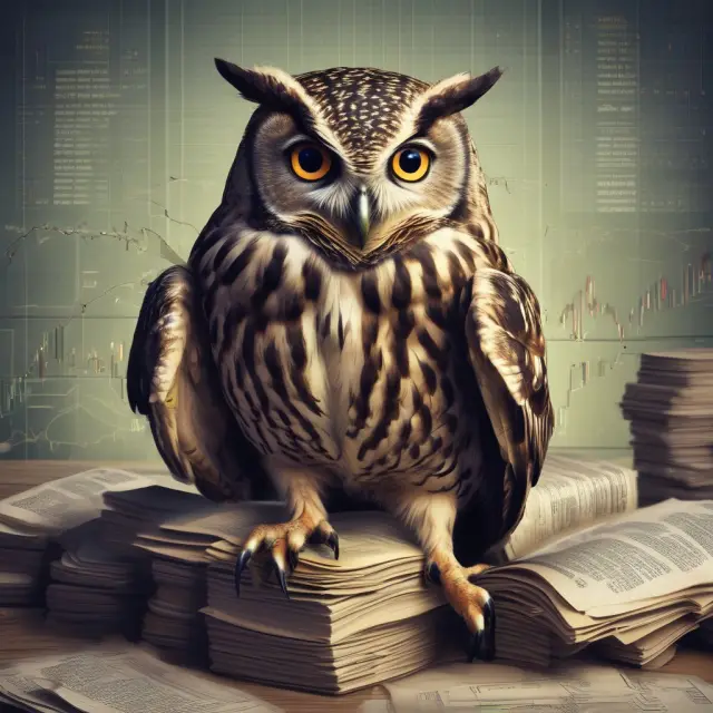 An image of a wise owl perched on a pile of financial data, supervising and executing limit orders with discretion