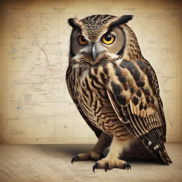 An owl, symbolizing wisdom, consults a detailed map of the stock market, illustrating the power to make informed decisions in discretionary investment management.