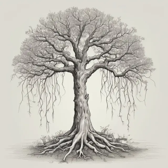 A seedling growing into a monster tree with tangled roots, representing the challenges and complexities of managing diseconomies of scale in business growth