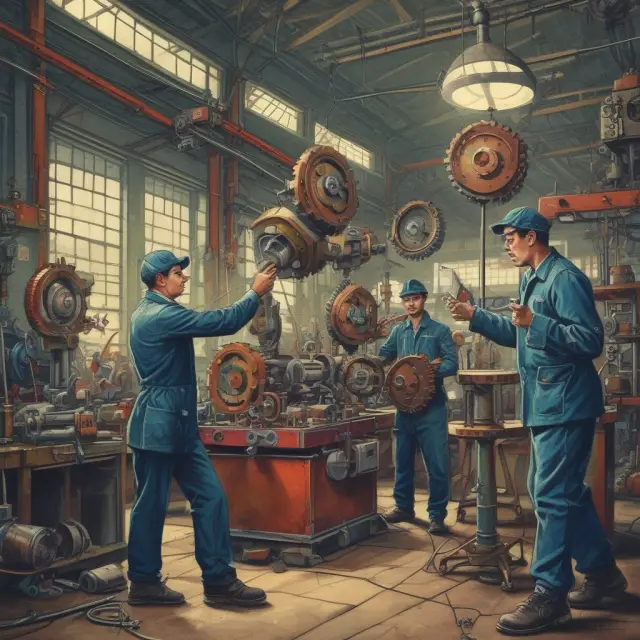 Workers attempting to balance overcrowded factory floor with gears and components, illustrating internal diseconomies of scale.