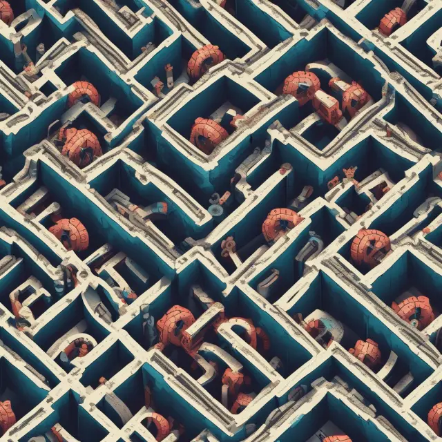 Factories tangled in a maze, representing the challenges of managing physical production limitations and synchronization.