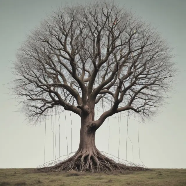 A large tree represents a growing business, while its entangled branches depict the challenges of managing workforce and communication