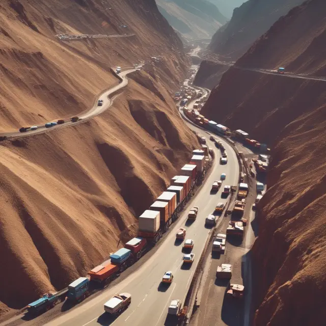 Image of a mining operation with a mountain of trucks on congested roads, representing the challenges posed by external capacity constraints in economies of scale