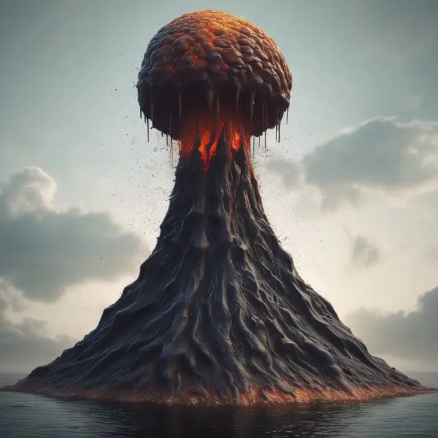 An image of oil droplets erupting from a volcanic mountain, symbolizing the rising costs of price inelastic inputs on businesses as they grow.