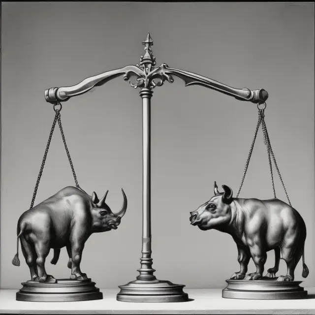 John Maynard Keynes depicting market imbalance with a bull and bear balancing scales