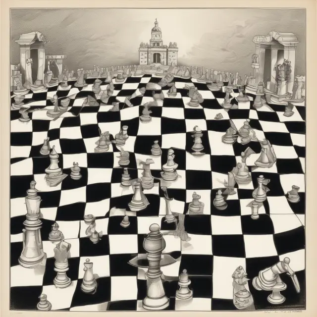 Keynes observing a chessboard with pieces representing government intervention, sticky prices, and balance of payments imbalances shifting positions