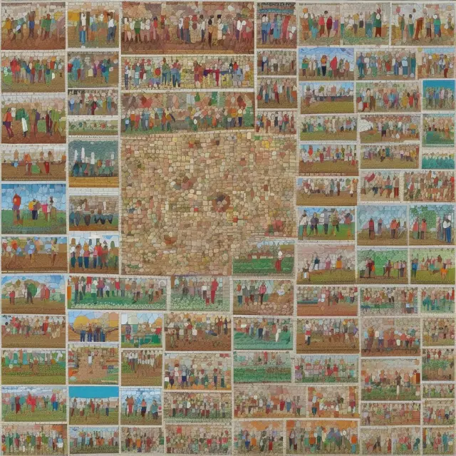 Mosaic of Indian farmers working part-time on their land, hidden labor pieces in India
