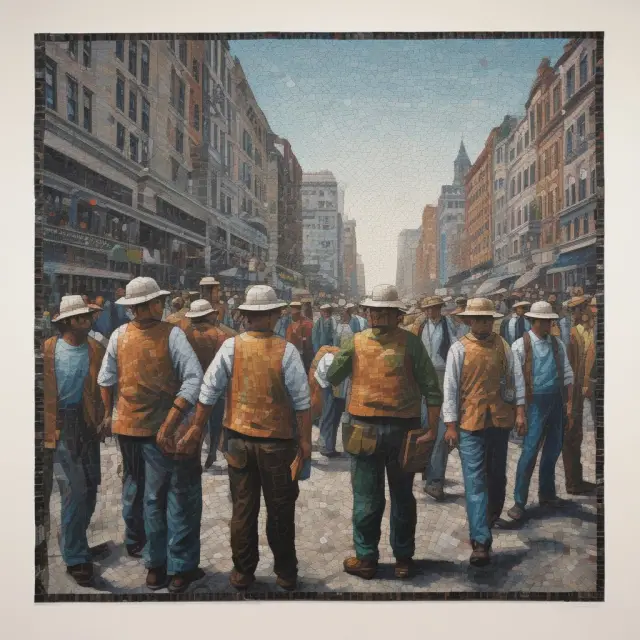 Artist paints a colorful mosaic of workers transforming from disguised unemployment to formal employment, symbolizing policy reforms