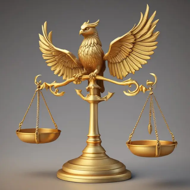 A balance scale with a golden phoenix representing the advantages of disinflation and a leaden owl illustrating its disadvantages