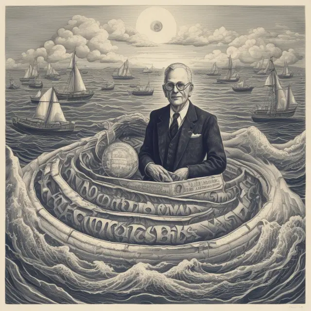 Volcker leading a tide of change on a sailboat amidst inflation and disinflation waves, symbolizing the Fed