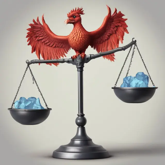 A balance scale with a fiery phoenix representing inflation and an icy gargoyle for deflation, as CPI and unemployment rates shift the balance towards disinflation