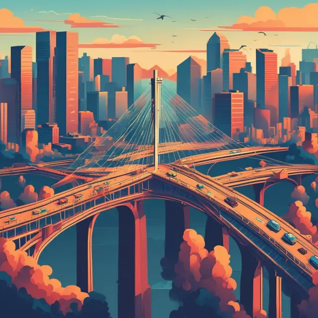 A beautiful bridge connects manufacturers and consumers, illustrating the concept of disintermediation in retail, finance, and manufacturing