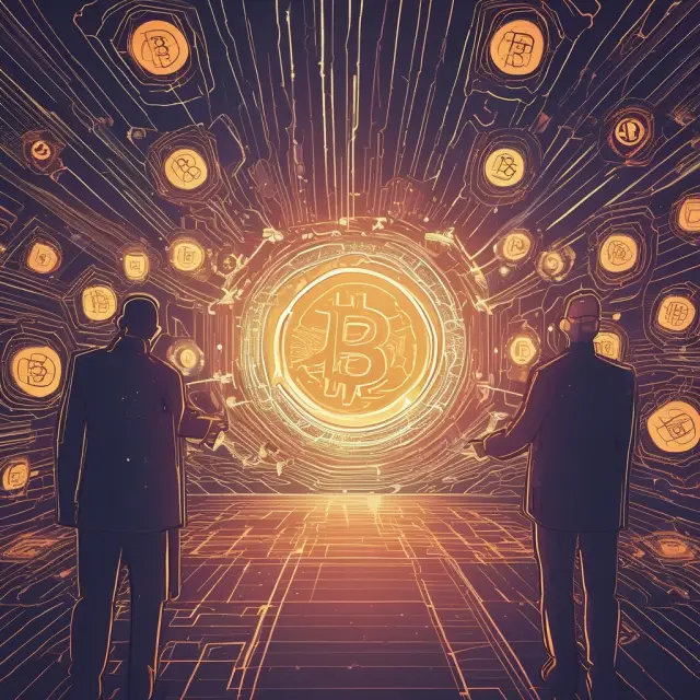 Direct connections between borrowers and lenders on a digital platform, robo-advisors managing investments with algorithms, cryptocurrencies symbolizing decentralized transactions