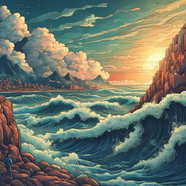 A series of cryptocurrency wave symbols breaking apart traditional financial institutions and intermediaries, symbolizing the shift towards decentralized peer-to-peer transactions