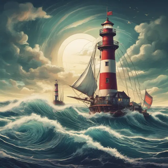 A digital wave crashing against traditional industry boats, intermediaries navigating through troubled waters, a lighthouse in form of a bitcoin symbol guiding the way