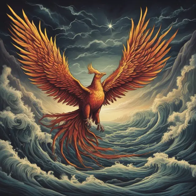 Phoenix symbolizing disinvestment, facing a storm of uncertainty while shedding old assets