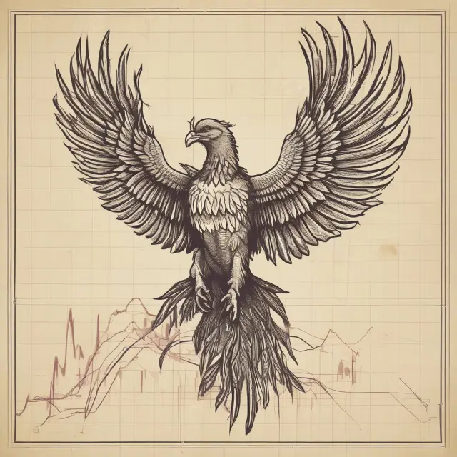 A Phoenix emerging from a complex stock graph represents the transformative power of disinvestment and renewed growth.