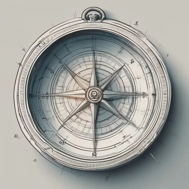 A compass with pointers for mean, median, mode, standard deviation, and other descriptive statistics navigating the complex financial data landscape