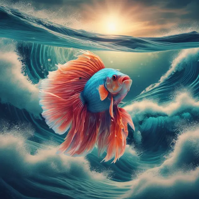 Beta fish in water symbolizing investment, surrounded by undulating waves representing market index